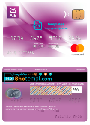 Ireland AIB bank mastercard, fully editable template in PSD format