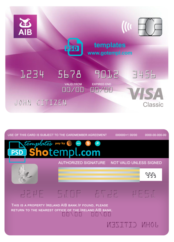 Ireland AIB bank visa classic card, fully editable template in PSD format