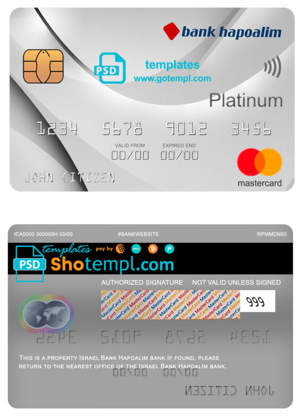 Israel Bank Hapoalim mastercard platinum, fully editable template in PSD format