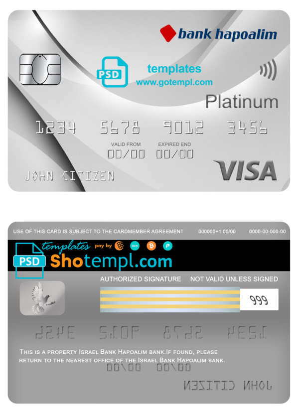 Israel Bank Hapoalim visa platinum card, fully editable template in PSD format