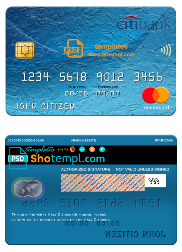 Italy Citibank mastercard, fully editable template in PSD format