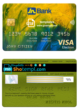 Jamaica National bank visa electron card, fully editable template in PSD format