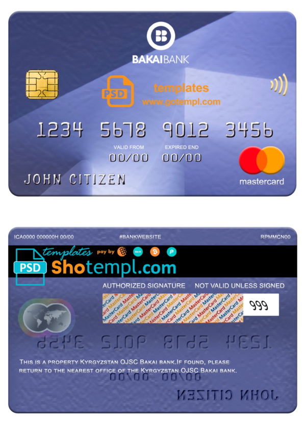 Kyrgyzstan OJSC Bakai bank mastercard, fully editable template in PSD format