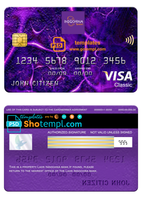 Laos Indochina bank visa classic card, fully editable template in PSD format