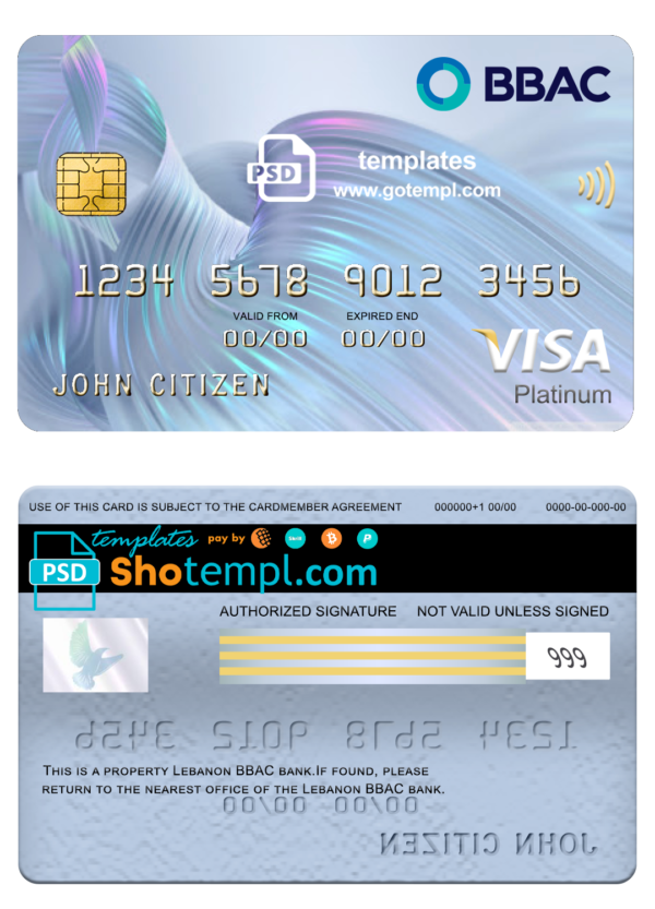 Lebanon BBAC bank visa platinum card, fully editable template in PSD format