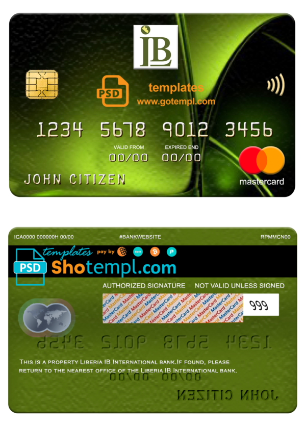 Liberia IB International bank mastercard, fully editable template in PSD format