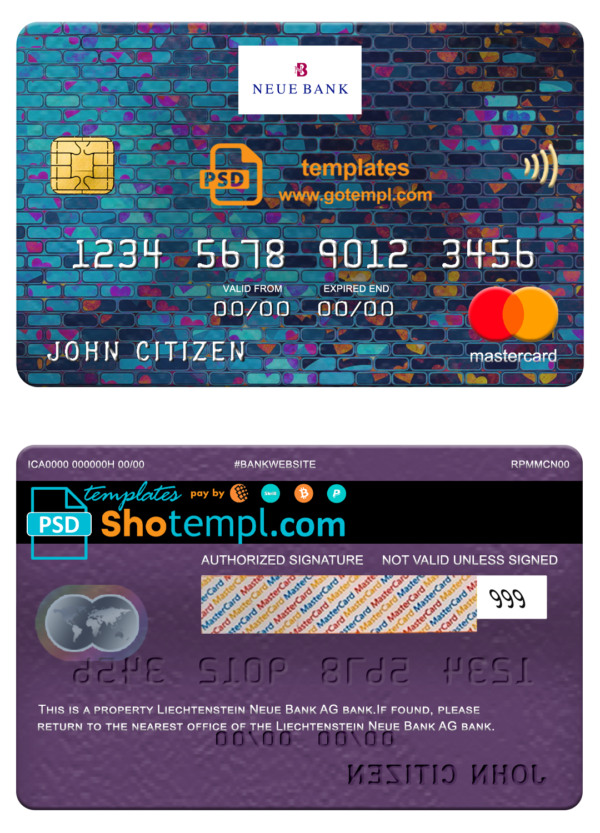 Liechtenstein Neue bank mastercard, fully editable template in PSD format