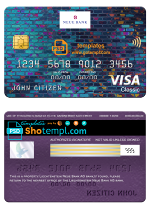 Liechtenstein Neue bank visa classic card, fully editable template in PSD format