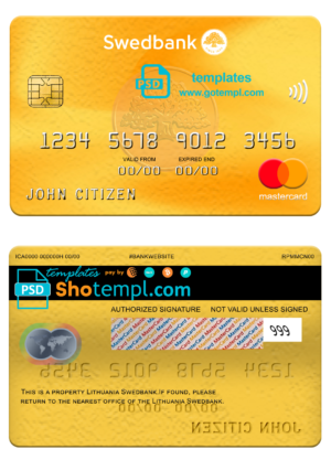 Lithuania Swedbank mastercard, fully editable template in PSD format