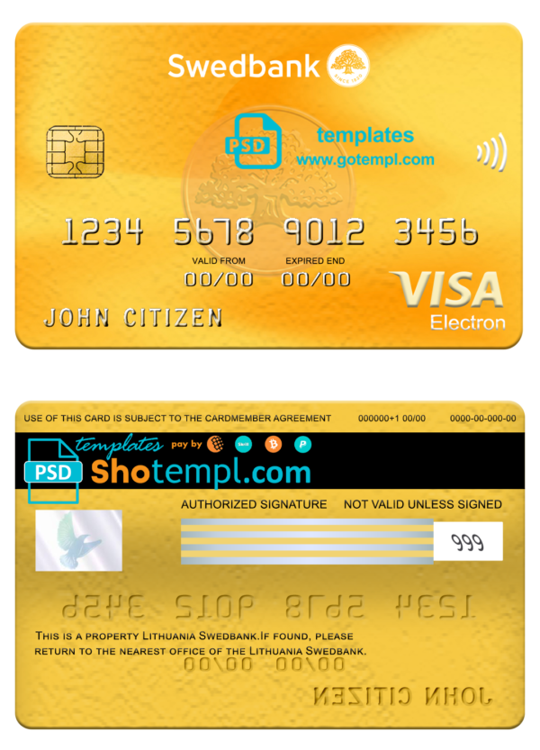 Lithuania Swedbank visa elrctron card, fully editable template in PSD format