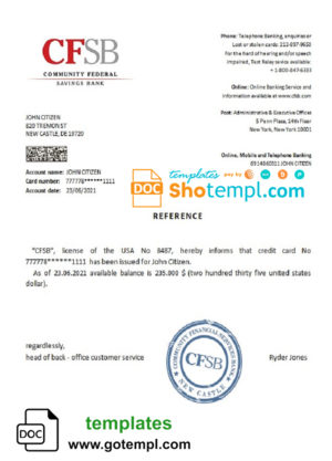 USA CFSB bank account reference letter template in Word and PDF format