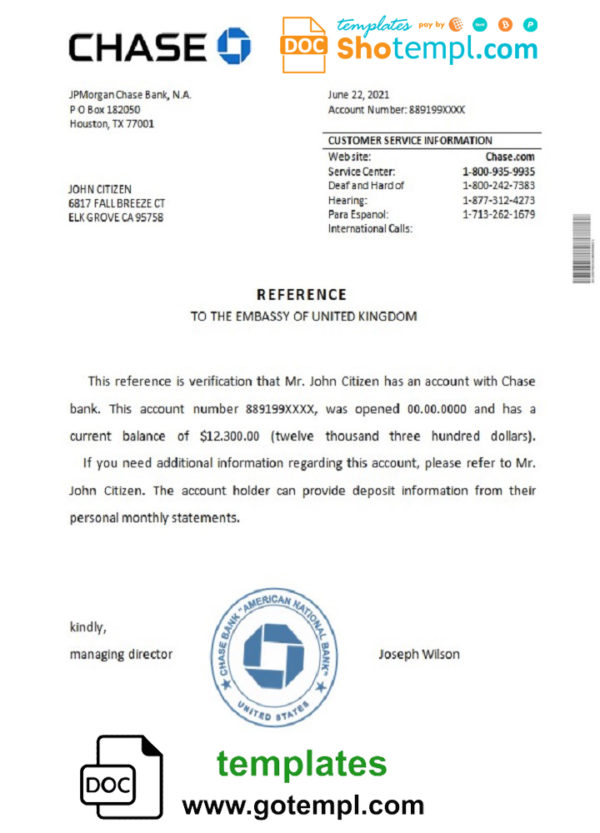 USA Chase bank reference letter template in Word and PDF format