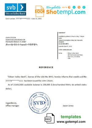 USA Silicon Valley Bank bank account reference letter template in Word and PDF format