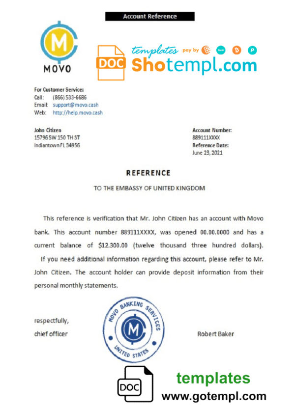 USA Movo bank account reference letter template in Word and PDF format