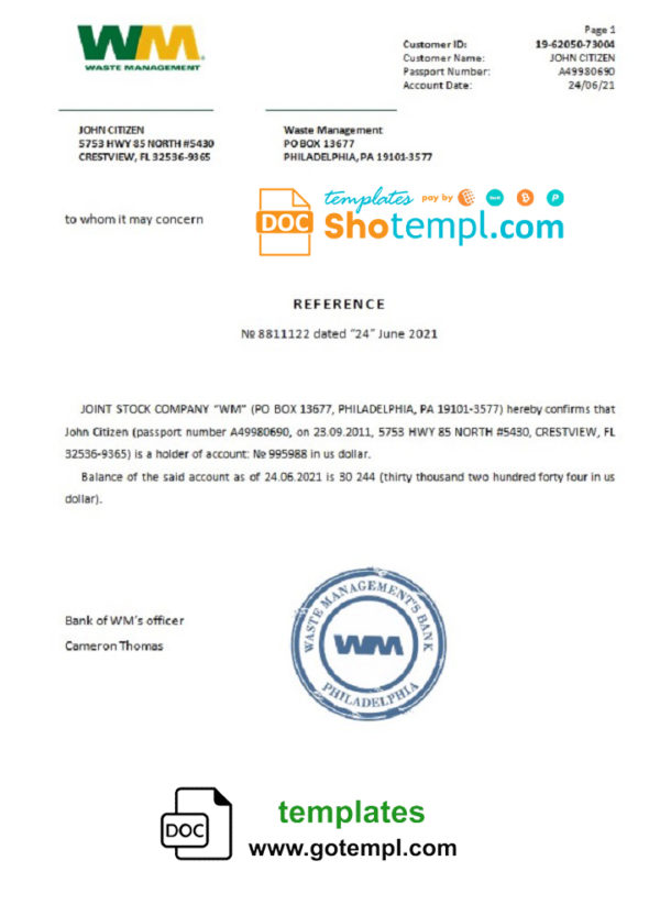 USA WM bank account reference letter template in Word and PDF format
