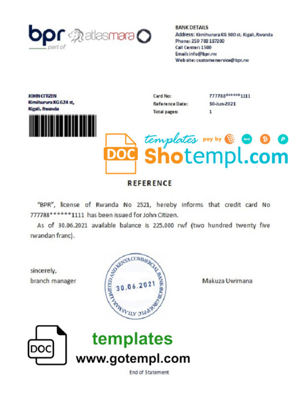 Rwanda BPR Atlasmara bank reference letter template in Word and PDF format