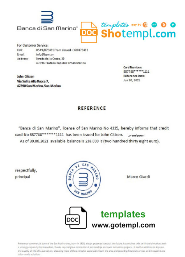 San Marino Banca di San Marino bank reference letter template in Word and PDF format