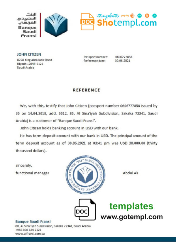 Saudi Arabia Banque Saudi Fransi bank reference letter template in Word and PDF format