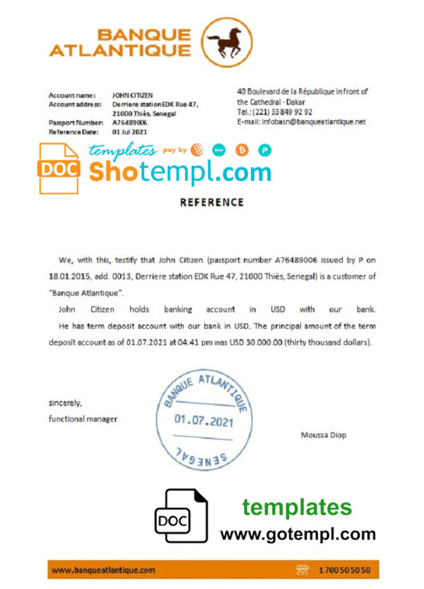 Senegal Banque Atlantique bank reference letter template in Word and PDF format