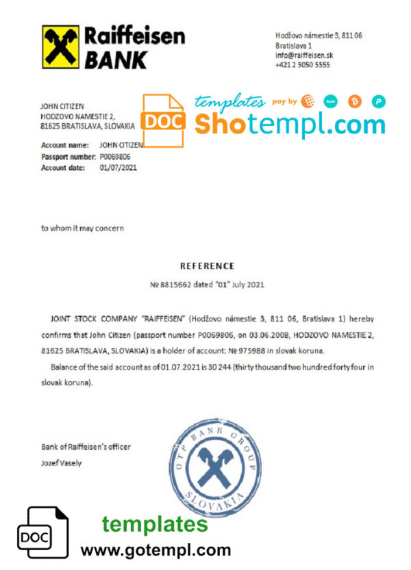Slovakia Raiffeisen bank reference letter template in Word and PDF format