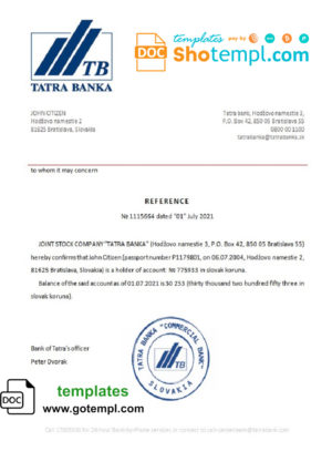 Slovakia Tatra Banka bank reference letter template in Word and PDF format