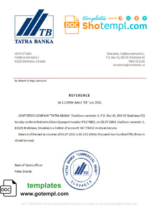Slovakia Tatra Banka bank reference letter template in Word and PDF format