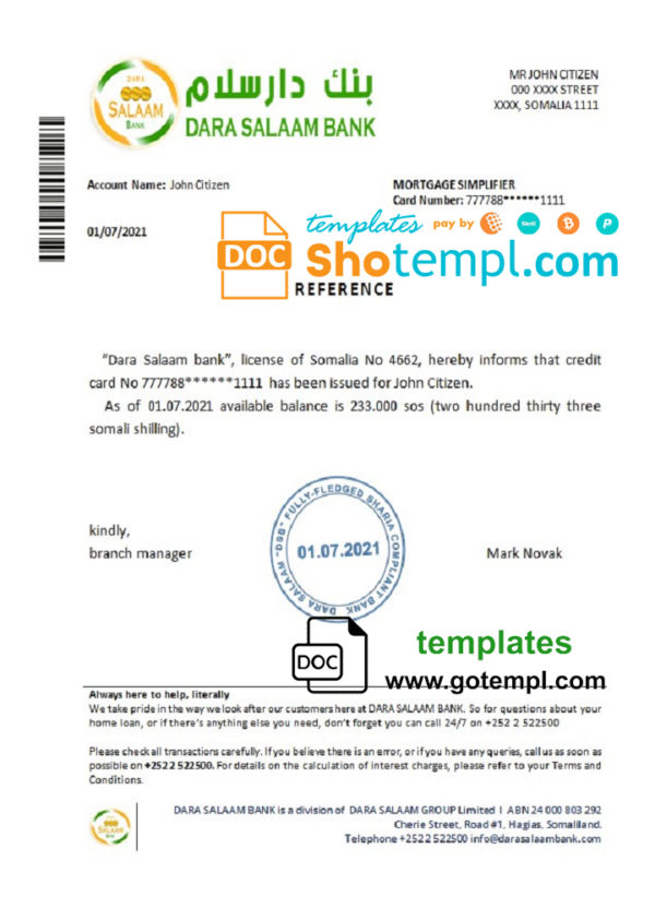 Somalia Dara Salaam Bank bank reference letter template in Word and PDF format