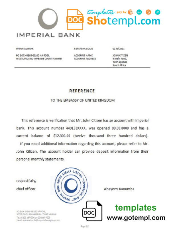 South Africa Imperial Bank bank reference letter template in Word and PDF format