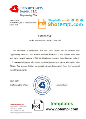 South Sudan Opportunity Bank bank reference letter template in Word and PDF format