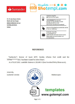 Spain Santander bank reference letter template in Word and PDF format