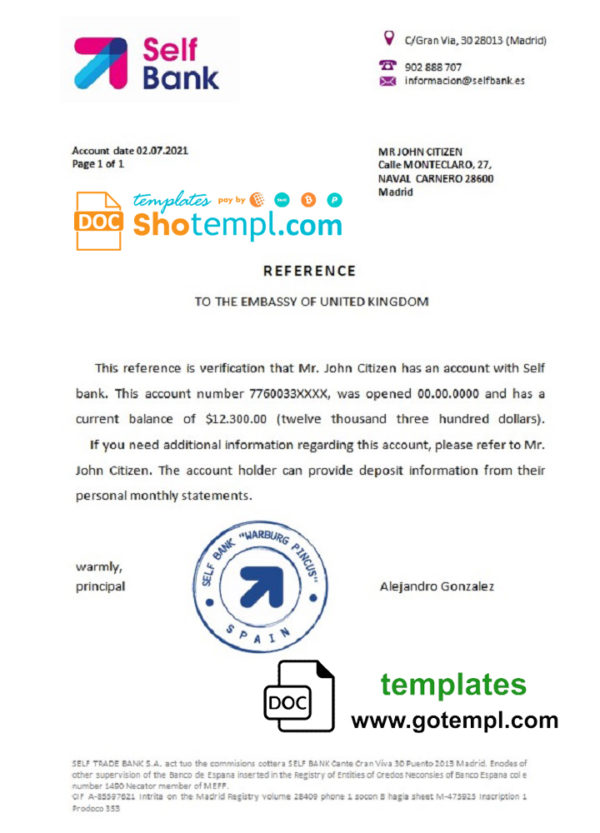 Spain Self Bank bank reference letter template in Word and PDF format