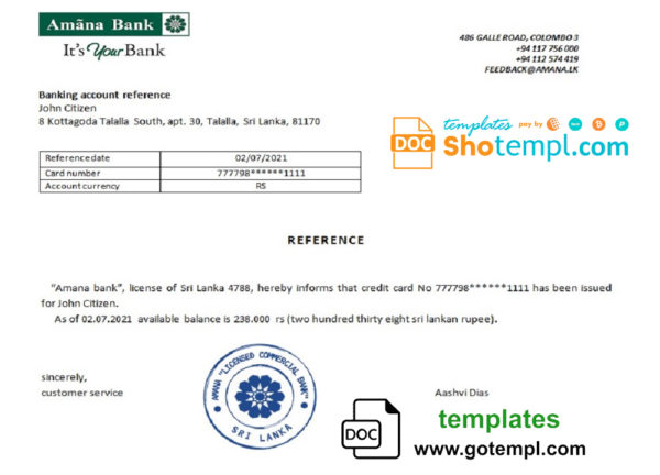 Sri Lanka Amana Bank bank reference letter template in Word and PDF format