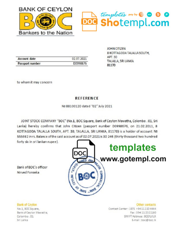 Sri Lanka BOC bank reference letter template in Word and PDF format