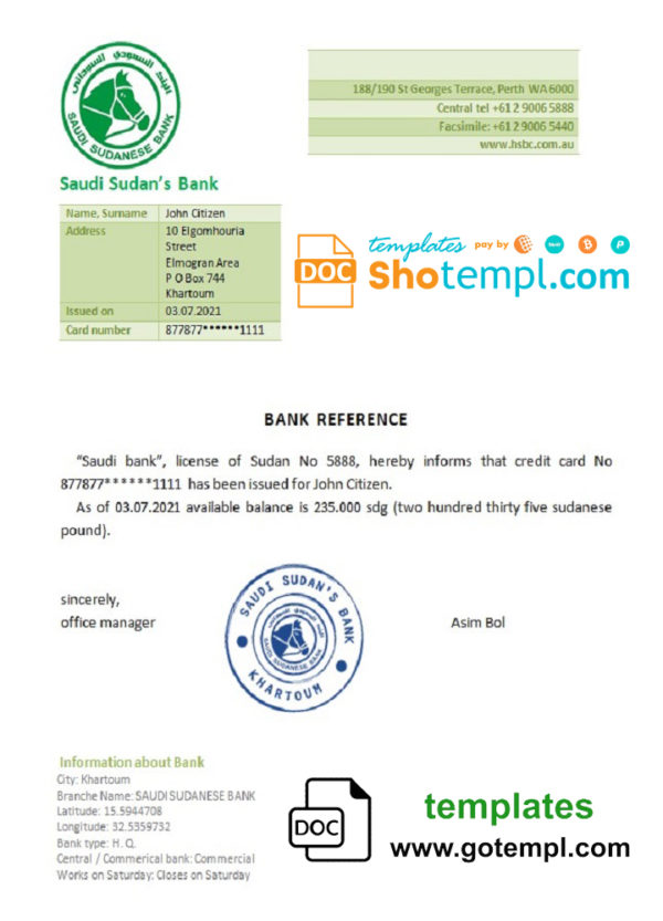 Sudan Saudi Sudan’s Bank bank account balance reference letter template in Word and PDF format