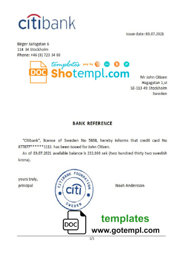 Sweden Citibank bank reference letter template in Word and PDF format