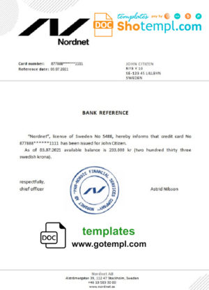 Sweden Nordnet bank reference letter template in Word and PDF format
