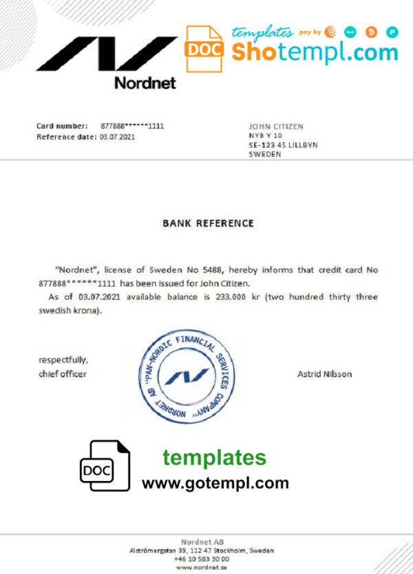 Sweden Nordnet bank reference letter template in Word and PDF format