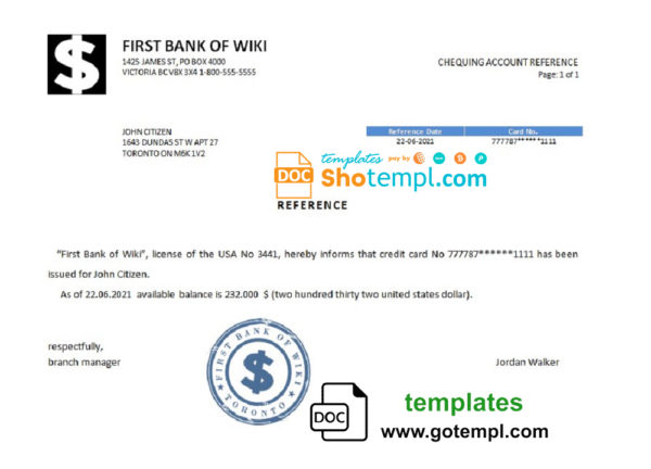 USA First Bank of Wiki bank account reference letter template in Word and PDF format
