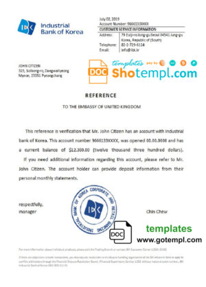 Korea Industrial Bank of Korea bank account reference letter template in Word and PDF format