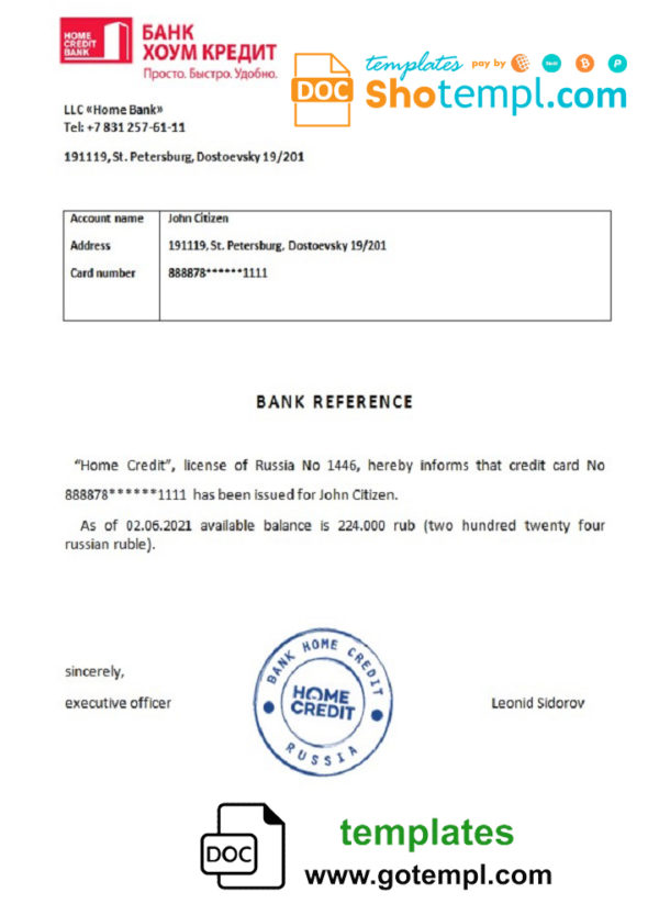 Russia Bank Home Credit bank reference letter template in Word and PDF format