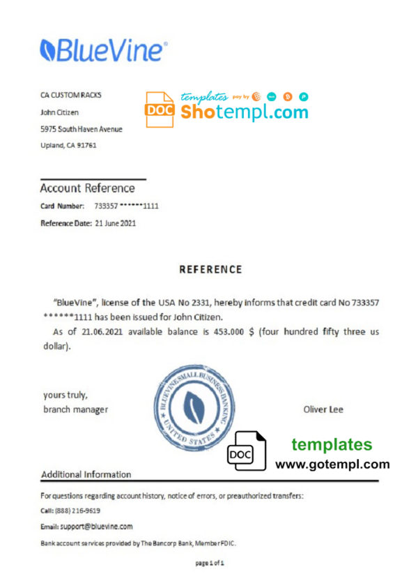 USA BlueVine bank account reference letter template in Word and PDF format