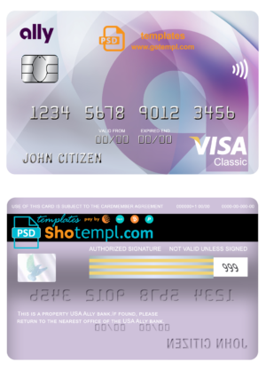 USA Ally bank visa classic card fully editable template in PSD format