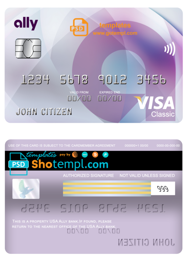 USA Ally bank visa classic card fully editable template in PSD format