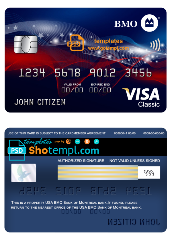 USA BMO Bank of Montreal bank visa classic card fully editable template in PSD format
