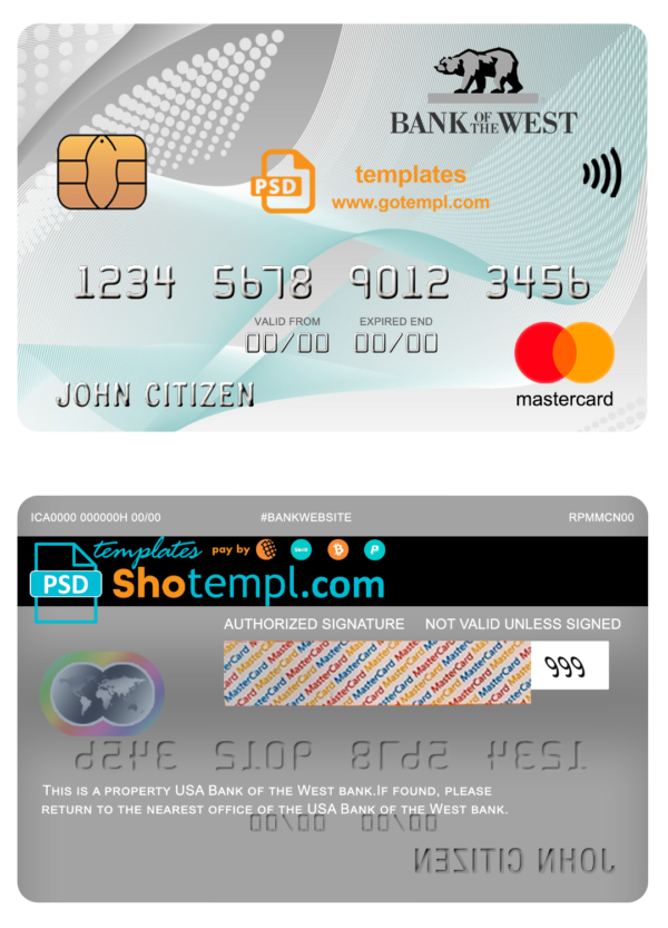 USA Bank of the West bank mastercard fully editable template in PSD format