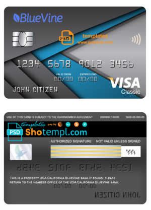 USA California BlueVine bank visa classic card fully editable template in PSD format
