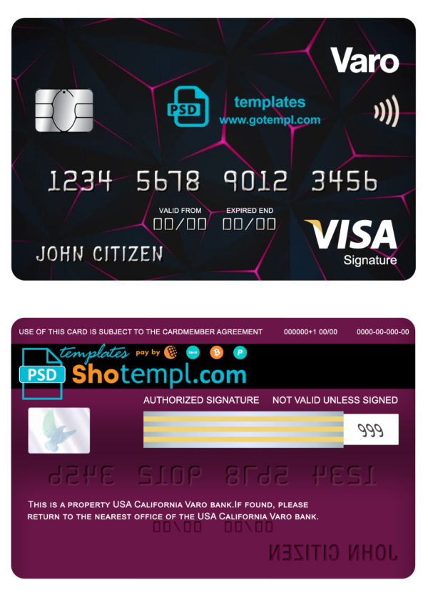 USA California Varo bank visa signature card fully editable template in PSD format