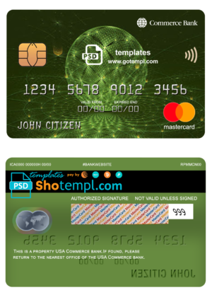USA Commerce bank mastercard fully editable template in PSD format
