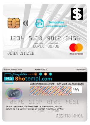 USA First Bank of Wiki mastercard fully editable template in PSD format