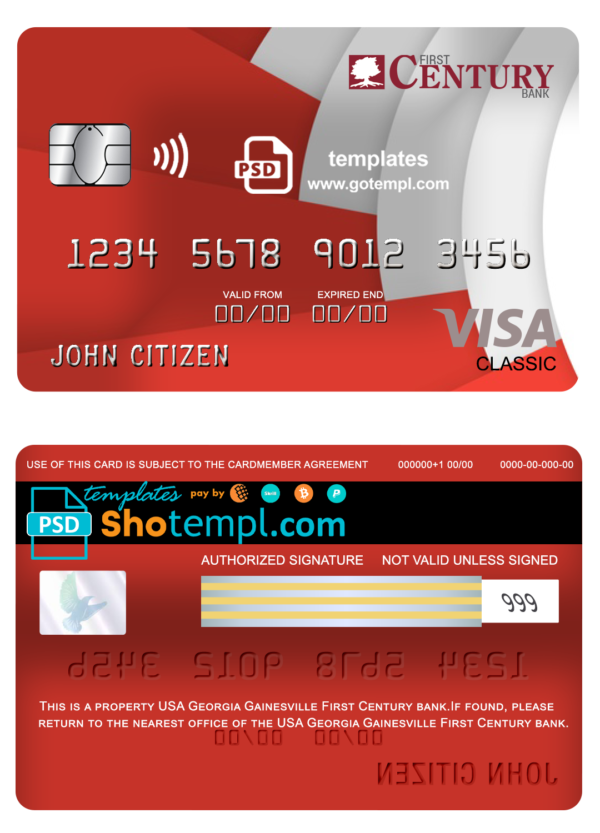 USA Georgia Gainesville First century bank visa classic card fully editable template in PSD format